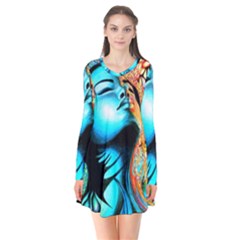 Color Detail Dream Fantasy Neon Psychedelic Teaser Long Sleeve V-neck Flare Dress by Sarkoni