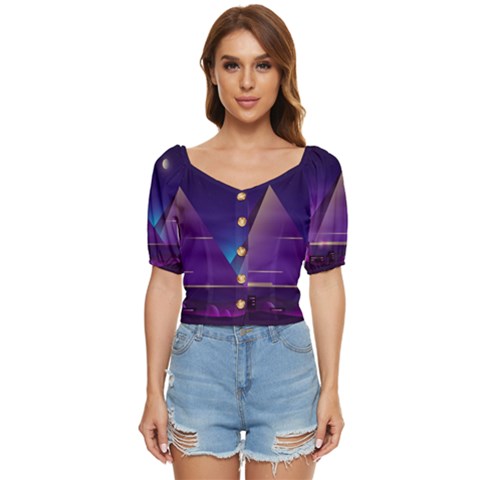 Egyptian Pyramids Night Landscape Cartoon Button Up Blouse by Bedest
