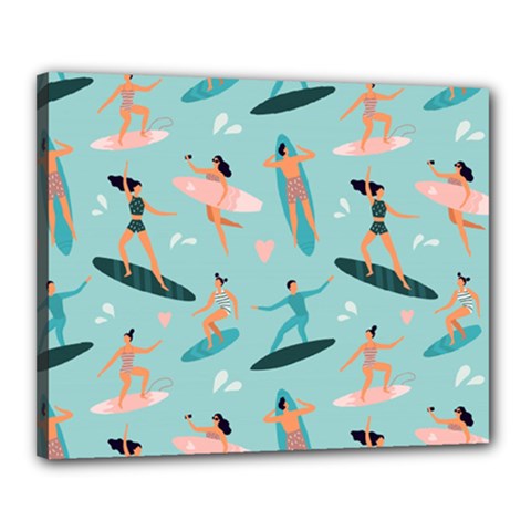 Beach Surfing Surfers With Surfboards Surfer Rides Wave Summer Outdoors Surfboards Seamless Pattern Canvas 20  X 16  (stretched) by Bedest