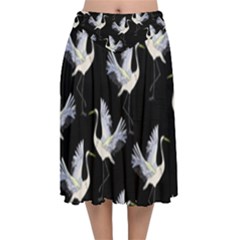 Crane Pattern Velvet Flared Midi Skirt by Bedest