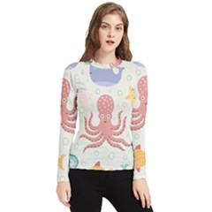 Underwater Seamless Pattern Light Background Funny Women s Long Sleeve Rash Guard by Bedest