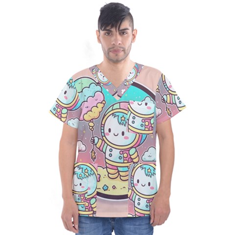 Boy Astronaut Cotton Candy Men s V-neck Scrub Top by Bedest