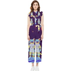 Cat Astronaut Space Retro Universe Women s Frill Top Chiffon Jumpsuit by Bedest
