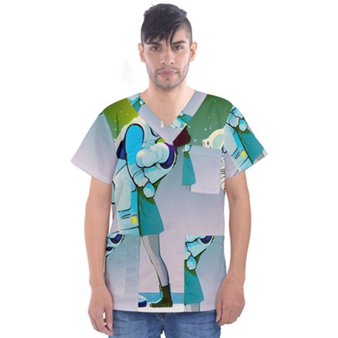 Astronaut Kiss Space Baby Men s V-neck Scrub Top by Bedest