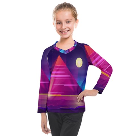 Egyptian Pyramids Night Landscape Cartoon Kids  Long Mesh T-shirt by Ndabl3x