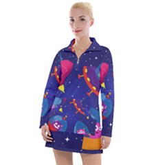 Cartoon Funny Aliens With Ufo Duck Starry Sky Set Women s Long Sleeve Casual Dress by Ndabl3x
