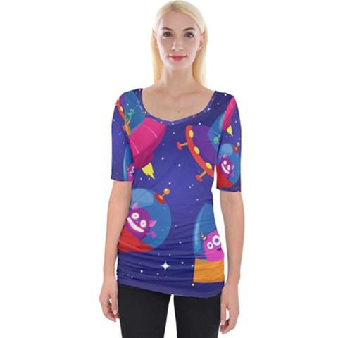 Cartoon Funny Aliens With Ufo Duck Starry Sky Set Wide Neckline T-shirt by Ndabl3x
