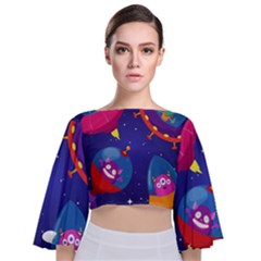 Cartoon Funny Aliens With Ufo Duck Starry Sky Set Tie Back Butterfly Sleeve Chiffon Top by Ndabl3x