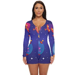 Cartoon Funny Aliens With Ufo Duck Starry Sky Set Long Sleeve Boyleg Swimsuit by Ndabl3x