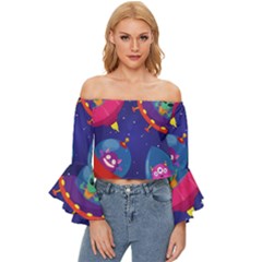 Cartoon Funny Aliens With Ufo Duck Starry Sky Set Off Shoulder Flutter Bell Sleeve Top by Ndabl3x