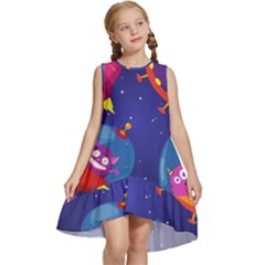 Cartoon Funny Aliens With Ufo Duck Starry Sky Set Kids  Frill Swing Dress by Ndabl3x