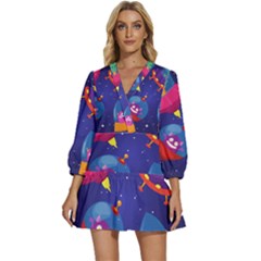 Cartoon Funny Aliens With Ufo Duck Starry Sky Set V-neck Placket Mini Dress by Ndabl3x