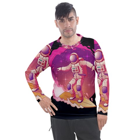 Astronaut Spacesuit Standing Surfboard Surfing Milky Way Stars Men s Pique Long Sleeve T-shirt by Ndabl3x