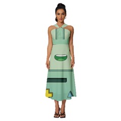 Adventure Time Bmo Beemo Green Sleeveless Cross Front Cocktail Midi Chiffon Dress by Bedest