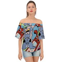 Graffiti Monster Street Theme Off Shoulder Short Sleeve Top by Bedest