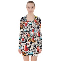 Art Book Gang Crazy Graffiti Supreme Work V-neck Bodycon Long Sleeve Dress by Bedest