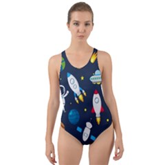 Big Set Cute Astronauts Space Planets Stars Aliens Rockets Ufo Constellations Satellite Moon Rover V Cut-out Back One Piece Swimsuit by Hannah976