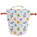 Seamless Pattern Cartoon Space Planets Isolated White Background Drawstring Bucket Bag View2