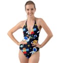 Space Seamless Pattern Cartoon Art Halter Cut-Out One Piece Swimsuit View1