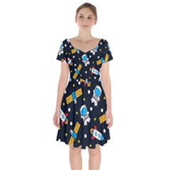 Seamless Adventure Space Vector Pattern Background Short Sleeve Bardot Dress by Hannah976