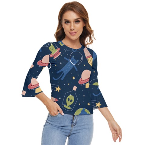 Seamless Pattern With Funny Aliens Cat Galaxy Bell Sleeve Top by Hannah976