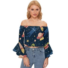Seamless Pattern With Funny Aliens Cat Galaxy Off Shoulder Flutter Bell Sleeve Top by Hannah976