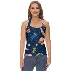 Seamless Pattern With Funny Aliens Cat Galaxy Basic Halter Top by Hannah976