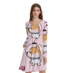 Set Kawaii Smile Japanese Dog Akita Inu Cartoon Long Sleeve Knee Length Skater Dress With Pockets by Hannah976