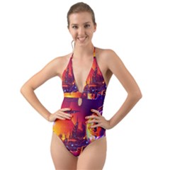Far Future Human Colonization Halter Cut-out One Piece Swimsuit by Hannah976