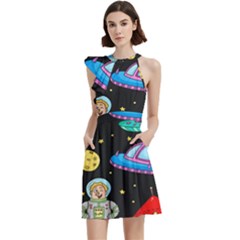 Seamless Pattern With Space Objects Ufo Rockets Aliens Hand Drawn Elements Space Cocktail Party Halter Sleeveless Dress With Pockets by Hannah976