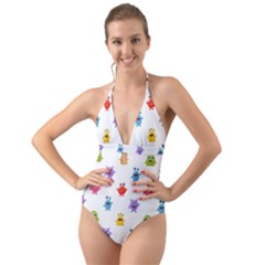 Seamless Pattern Cute Funny Monster Cartoon Isolated White Background Halter Cut-out One Piece Swimsuit by Hannah976