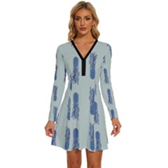 Blue King Pineapple  Long Sleeve Deep V Mini Dress  by ConteMonfrey
