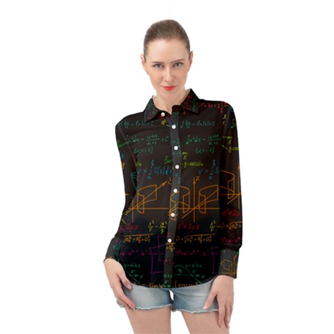 Mathematical Colorful Formulas Drawn By Hand Black Chalkboard Long Sleeve Chiffon Shirt by Ravend