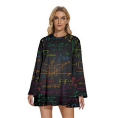 Mathematical Colorful Formulas Drawn By Hand Black Chalkboard Round Neck Long Sleeve Bohemian Style Chiffon Mini Dress by Ravend