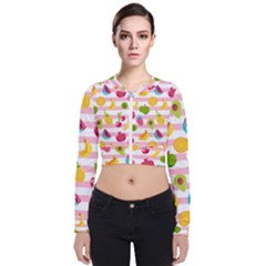 Tropical Fruits Berries Seamless Pattern Long Sleeve Zip Up Bomber Jacket by Ravend