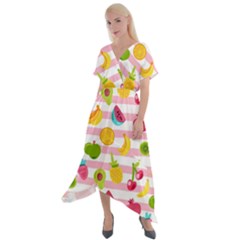 Tropical Fruits Berries Seamless Pattern Cross Front Sharkbite Hem Maxi Dress by Ravend