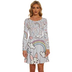 Seamless Pattern With Cute Rabbit Character Long Sleeve Wide Neck Velvet Dress by Apen