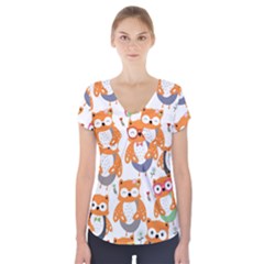 Cute Colorful Owl Cartoon Seamless Pattern Short Sleeve Front Detail Top by Apen