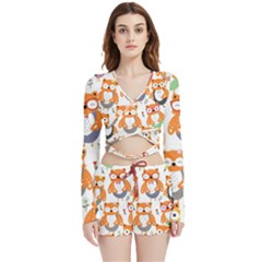 Cute Colorful Owl Cartoon Seamless Pattern Velvet Wrap Crop Top And Shorts Set by Apen