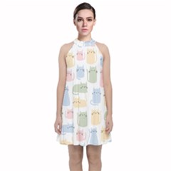 Cute Cat Colorful Cartoon Doodle Seamless Pattern Velvet Halter Neckline Dress  by Ravend