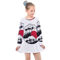 Japanese Sun & Wave Kids  Long Sleeve Dress by Cendanart