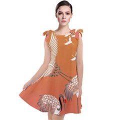 Japanese Crane Painting Of Birds Tie Up Tunic Dress by Cendanart