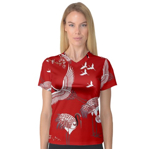 Japanese Crane Bird Art V-neck Sport Mesh T-shirt by Cendanart