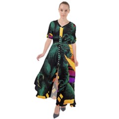 Godzilla Retrowave Waist Tie Boho Maxi Dress by Cendanart
