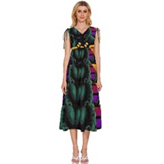 Godzilla Retrowave V-neck Drawstring Shoulder Sleeveless Maxi Dress by Cendanart