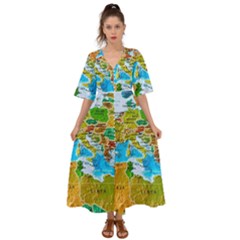 World Map Kimono Sleeve Boho Dress by Ket1n9