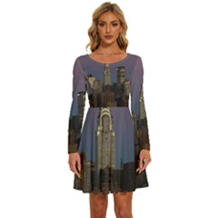 Skyline City Manhattan New York Long Sleeve Wide Neck Velvet Dress by Ket1n9