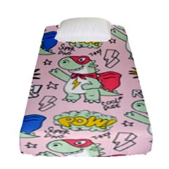 Seamless Pattern With Many Funny Cute Superhero Dinosaurs T-rex Mask Cloak With Comics Style Inscrip Fitted Sheet (single Size) by Ket1n9