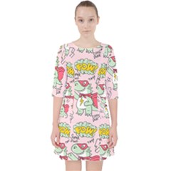Seamless Pattern With Many Funny Cute Superhero Dinosaurs T-rex Mask Cloak With Comics Style Inscrip Quarter Sleeve Pocket Dress by Ket1n9