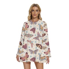 Another Monster Pattern Round Neck Long Sleeve Bohemian Style Chiffon Mini Dress by Ket1n9